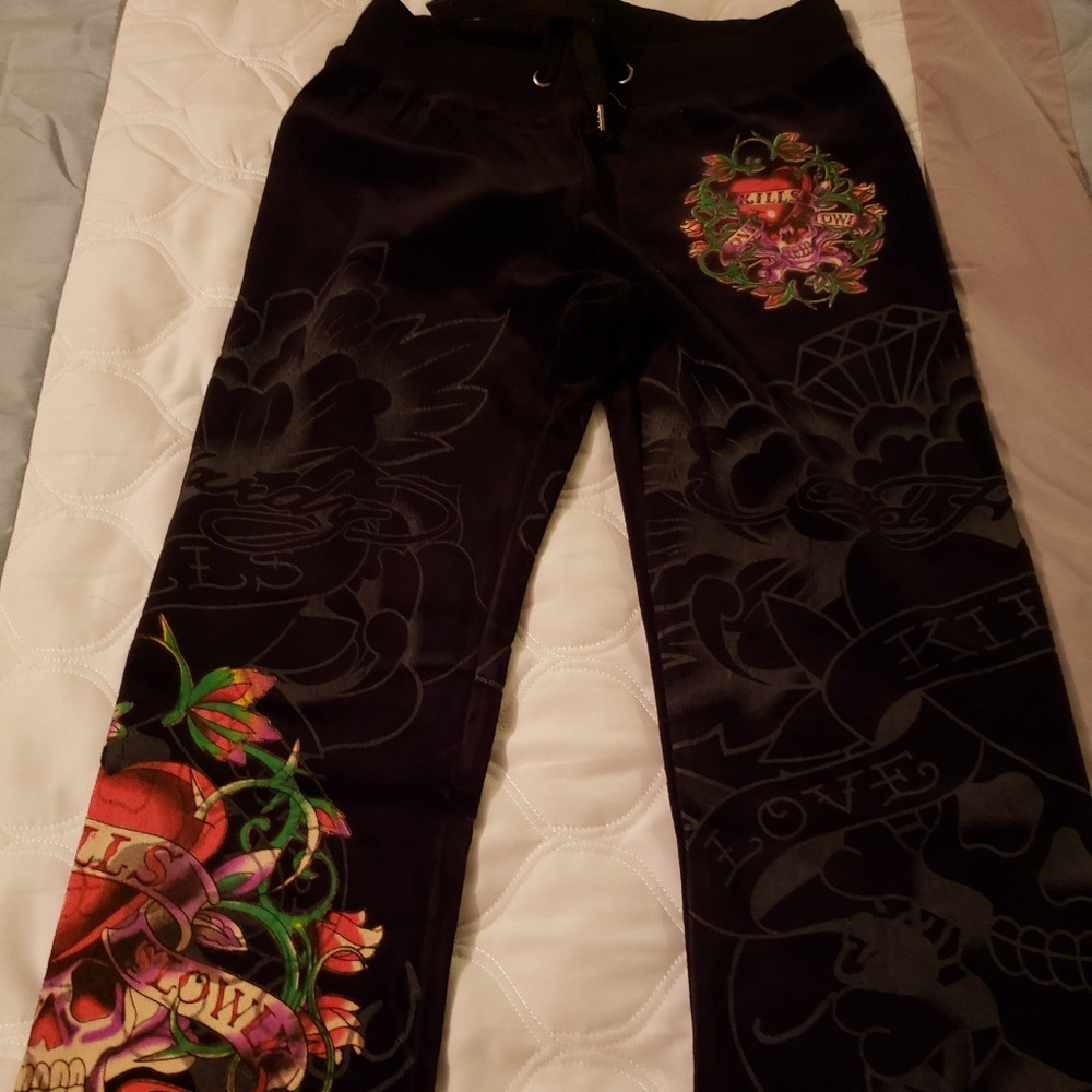 Ed Hardy black Velvet pant and zip up hoodie